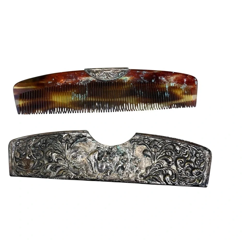 1960’s Denmark Repousse Silver Plated Hair Comb Case with Plastic Comb Vintage